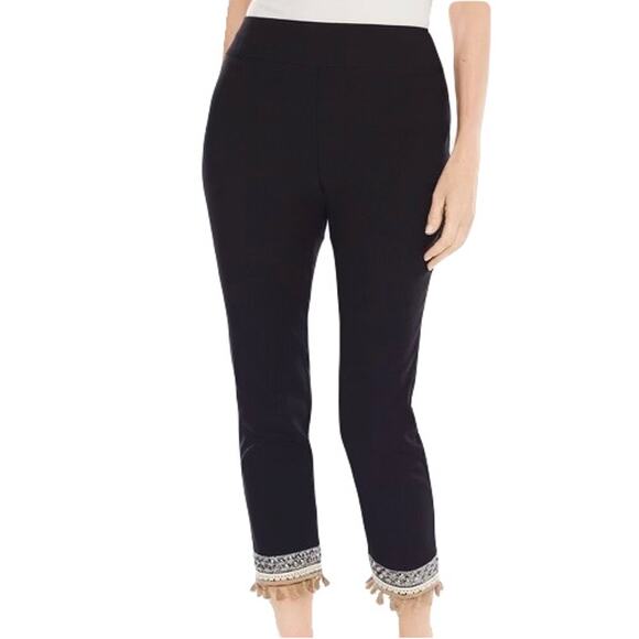 So Slimming CHICOS Pant 1.5~M Black BeadEmbroideryCrochetTassel Stretch”Brigitte - Picture 1 of 6